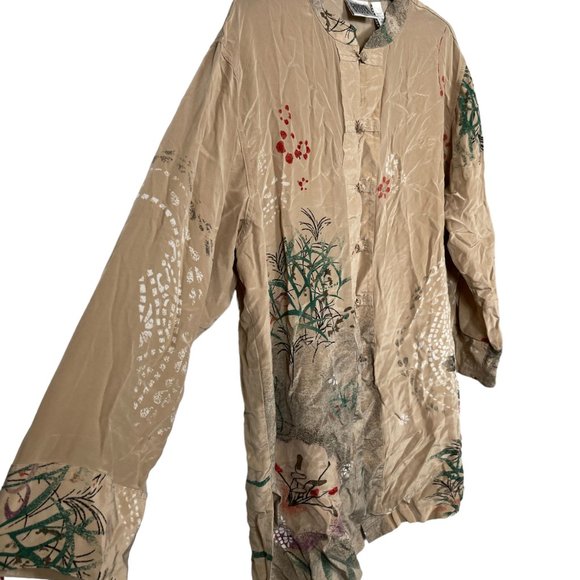 Chico's Design Silk Tunic Blouse Top Size 3 US XL Beige Floral Oriental Button - Picture 6 of 11